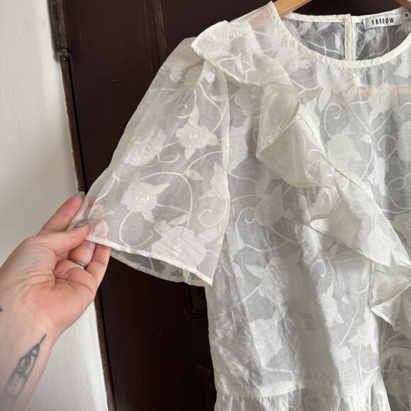 FARROW | White Semi-Sheer Ruffle Detail Floral Boxy Peplum Shirt | Medium - Picture 3 of 6
